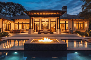 Stunning luxury home exterior with large fire pit. Generative AI