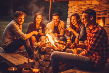 Group of young friends smiling and having fun by the fire pit outside, hanging out. Generative AI