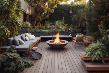Stylish outdoor living space terrace with large fire pit and cozy chairs surrounded by nature. Generative AI