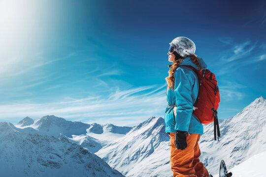 Young active woman back country ski walking in the mountains surrounded by winter idyllic and blue sky. Generative AI