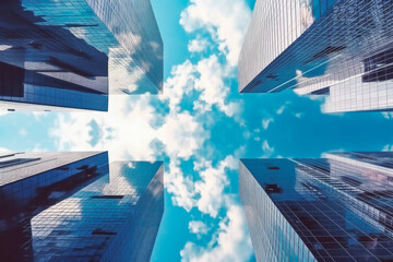 Fototapeta na wymiar Glass skyscrapers reflection of blue sky in blue tone, sunny day. Generative AI