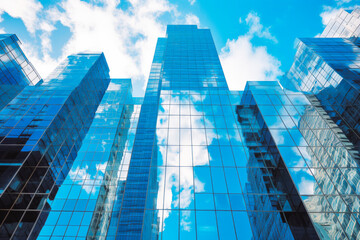 Obraz na płótnie Canvas Glass skyscrapers reflection of blue sky in blue tone, sunny day. Generative AI