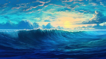 waves in the ocean, with sunset background. digital painting