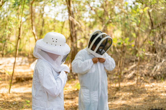 Beekeepers putting on protective gear for working with bees 