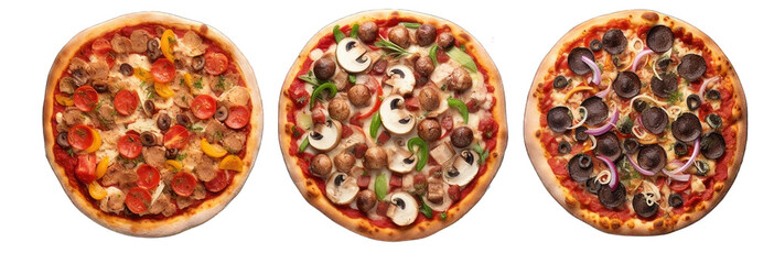 Fototapeta na wymiar set of pizzas isolated on transparent background. Top view