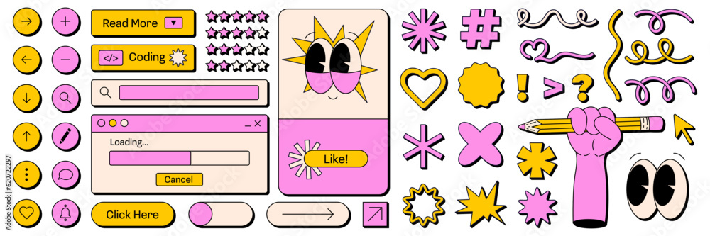 Fototapete User interface in retro neobrutalism style. Elements for UI UX design. Naive palayful shapes and face. Vector illustrations.