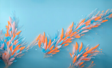 Pink and orange soft feather minimalistic background, blue color wall, 3d rendering, wallpaper, background for products.
