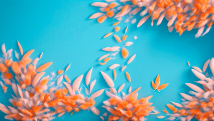 Pink and orange soft feather minimalistic background, blue color wall, 3d rendering, wallpaper, background for products.