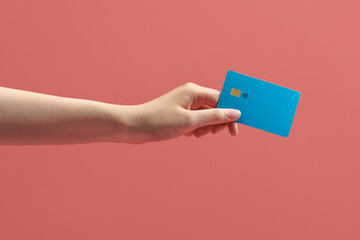 Cropped close up woman hand shopping hold credit card