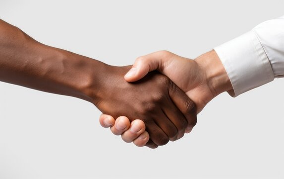 Two hands black and white handshake, symbol of friendship, brotherhood, help, cooperation, white background