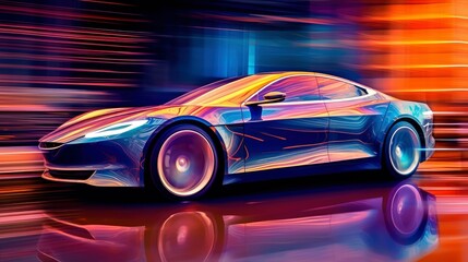 Obraz na płótnie Canvas Futuristic car with wireframe intersection with digital user interface environment (3D Illustration)