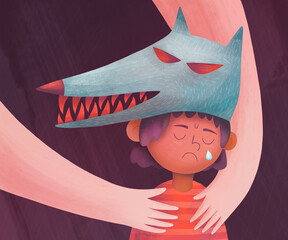 Parent Hands support a child in a wolf mask