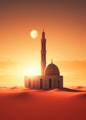 Mosque sunset sky, moon, islamic night and silhouette mosque, islamic wallpaper
