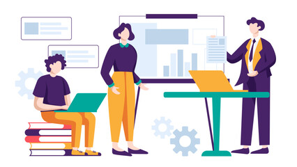 Business people are working together doing meeting, reporting data and brainstorming about marketing strategy in office on white background vector illustration concept in flat design style