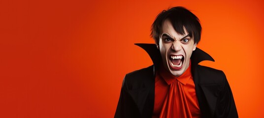 Young Man Dressed as a Vampire for Halloween on a Red Banner with Space for Copy - obrazy, fototapety, plakaty