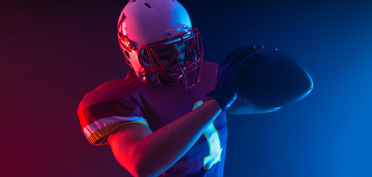 American football player. Download high resolution photo for sports design. Horizontal banner in neon colors. Mockup for betting advertisement.
