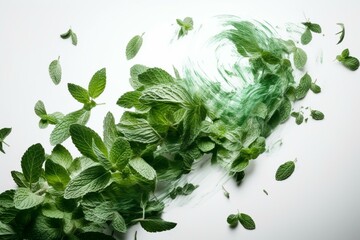 Swirling green mint leaves on white background. Generative AI - obrazy, fototapety, plakaty