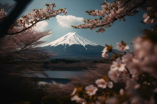 Cherry blossoms bloom near Mt. Fuji. Generative AI