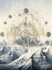Infographic data visualization overlayed on mountain landscape