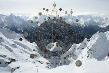 Infographic data visualization overlayed on mountain landscape