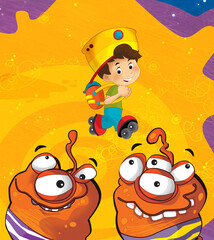 Fototapeta premium Cartoon funny colorful scene of cosmos galactic alien ufo isolated illustration for children