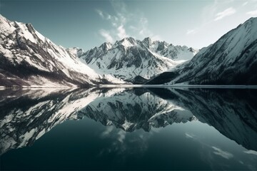 Alaskan mountains with snow reflected on lake. Generative AI