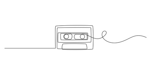 One continuous line drawing of audio cassette tape. Minimalist concept of retro and nostalgic music and mixtape for web banner in simple linear style. Editable stroke. Outline Vector illustration