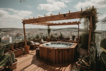 A rooftop terrace with acacia wood, jacuzzi, shower, hammocks, and city views. Generative AI