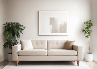 Fototapeta premium Modern minimalist simple living room with sofa and wall art, generative AI