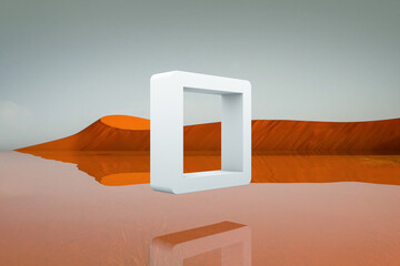 Surreal landscape with a square floating in the desert