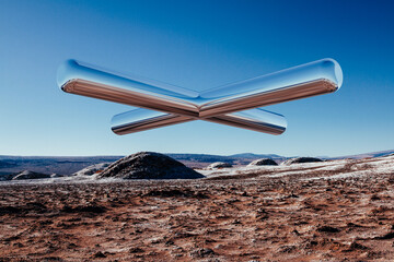 Surreal landscape with two metallic cylinders over a desert