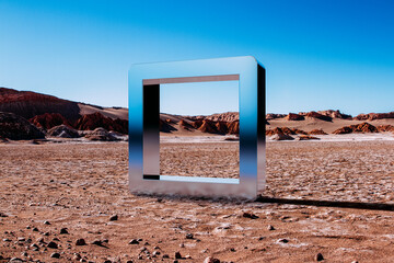 Surreal landscape with a metal square in the desert