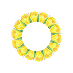 Watercolor wreath of leaves and yellow tulips on a transparent background. Hand drawn illustration. Round frame for poster templates, invitations, business cards, postcards and backgrounds.