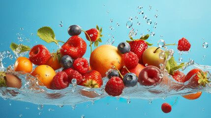 Fototapeta na wymiar fruit splash on copy space background advertising Generative AI