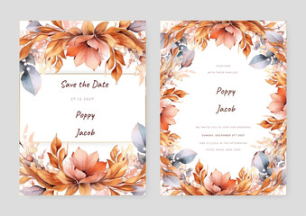 Summer Wedding invitation card set template with flowers and leaves watercolor
