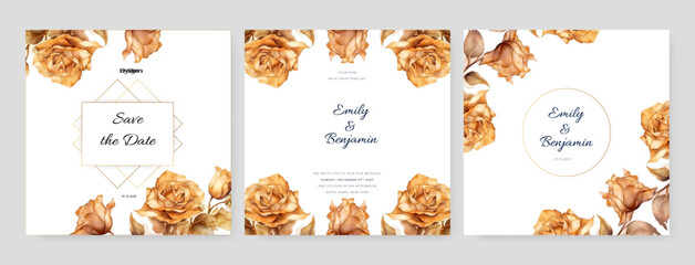 Wedding invitation template set with romantic floral border and gold watercolor. Dry flowers composition vector