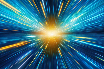 Abstract futuristic background high speed straight blue yellow lines to the center and bokeh glowing neon moving. High speed futuristic travel concept. Fantastic wallpaper.