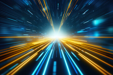 Abstract futuristic background high speed straight blue yellow lines to the center and bokeh glowing neon moving. High speed futuristic travel concept. Fantastic wallpaper.