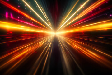 Fototapeta na wymiar Abstract futuristic background high speed straight yellow red lines to the center and bokeh glowing neon moving. High speed futuristic travel concept. Fantastic wallpaper.