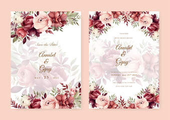 Floral wedding invitation template set with flowers and leaves decoration. Botanic card design concept