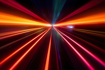 Fototapeta na wymiar Abstract futuristic background high speed straight yellow red lines to the center and bokeh glowing neon moving. High speed futuristic travel concept. Fantastic wallpaper.