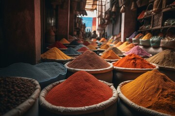 Spices stacked at bustling Moroccan market. Generative AI