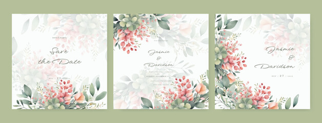 Premium fall wedding invitation card template. Watercolor card with gold line art, flower hand drawn.