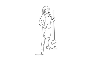 A female janitor mopping the floor. Cleaning service one-line drawing