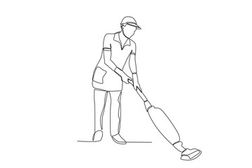 A man cleans dust on the floor. Cleaning service one-line drawing