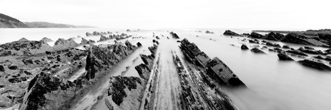 Playa De Sakoneta Beach Basque Flysch coast spain black and whit
