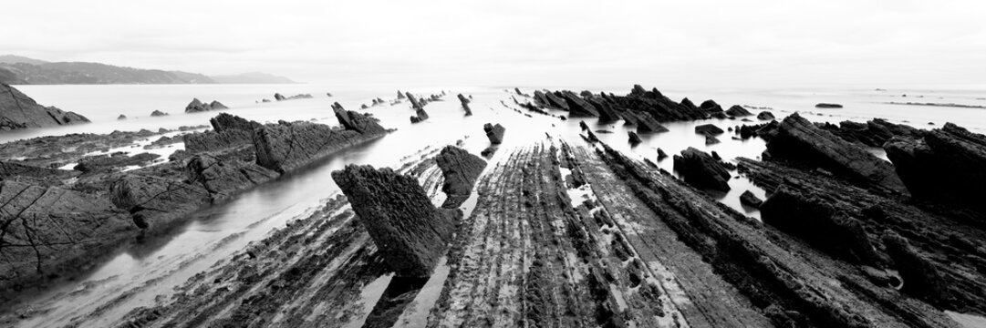 Playa De Sakoneta Beach Basque Flysch coast spain black and whit