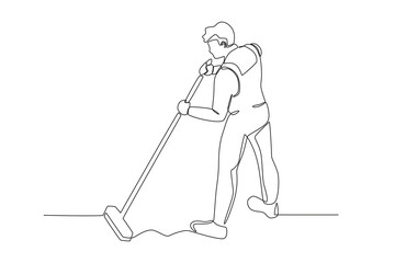 A janitor sweeping a dirty floor. Cleaning service one-line drawing