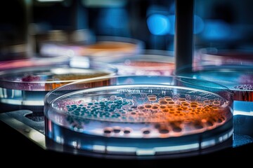 Fototapeta premium Bacteria and virus cells in a scientific laboratory. Petri dish, culture media with bacteria on black background with clipping, Test various germs, virus, , Microbial population count. Food science.