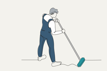 Color illustration of a man cleaning the floor. Cleaning service one-line drawing